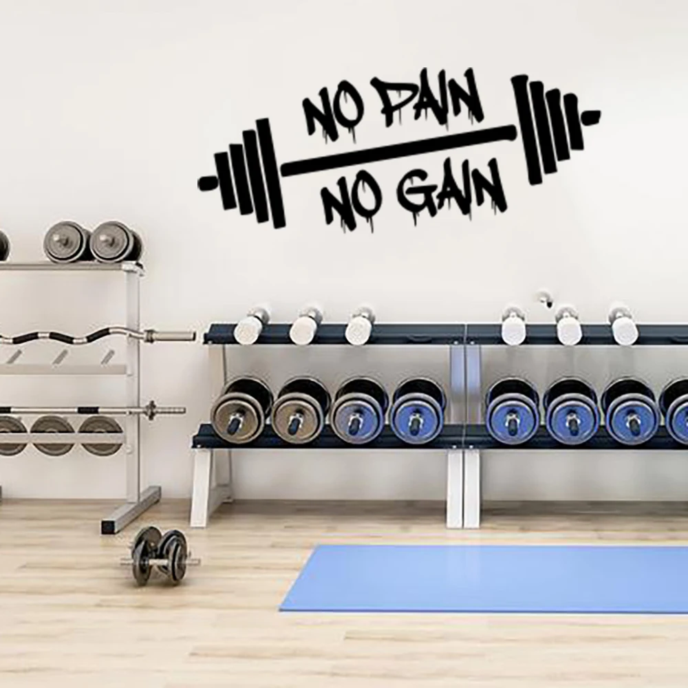 Gym Barbell Motivational Quote Wall Stickers Fitness Weightlifting Workout No Pain No Gain Stronger Wall Decals Decor