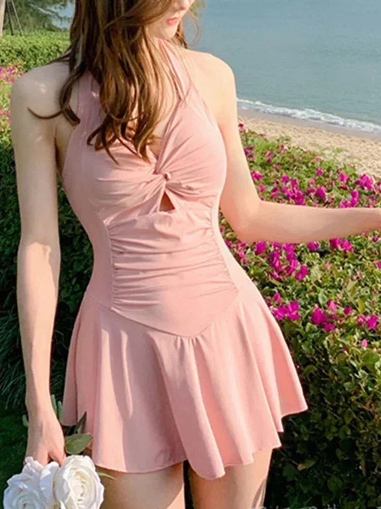 High Waist Bathing Suit Women's Dress Swimsuit Beach Wear Swim Suit Sweet Cute One-piece Women Hanging Neck Swimwear Beach Suit