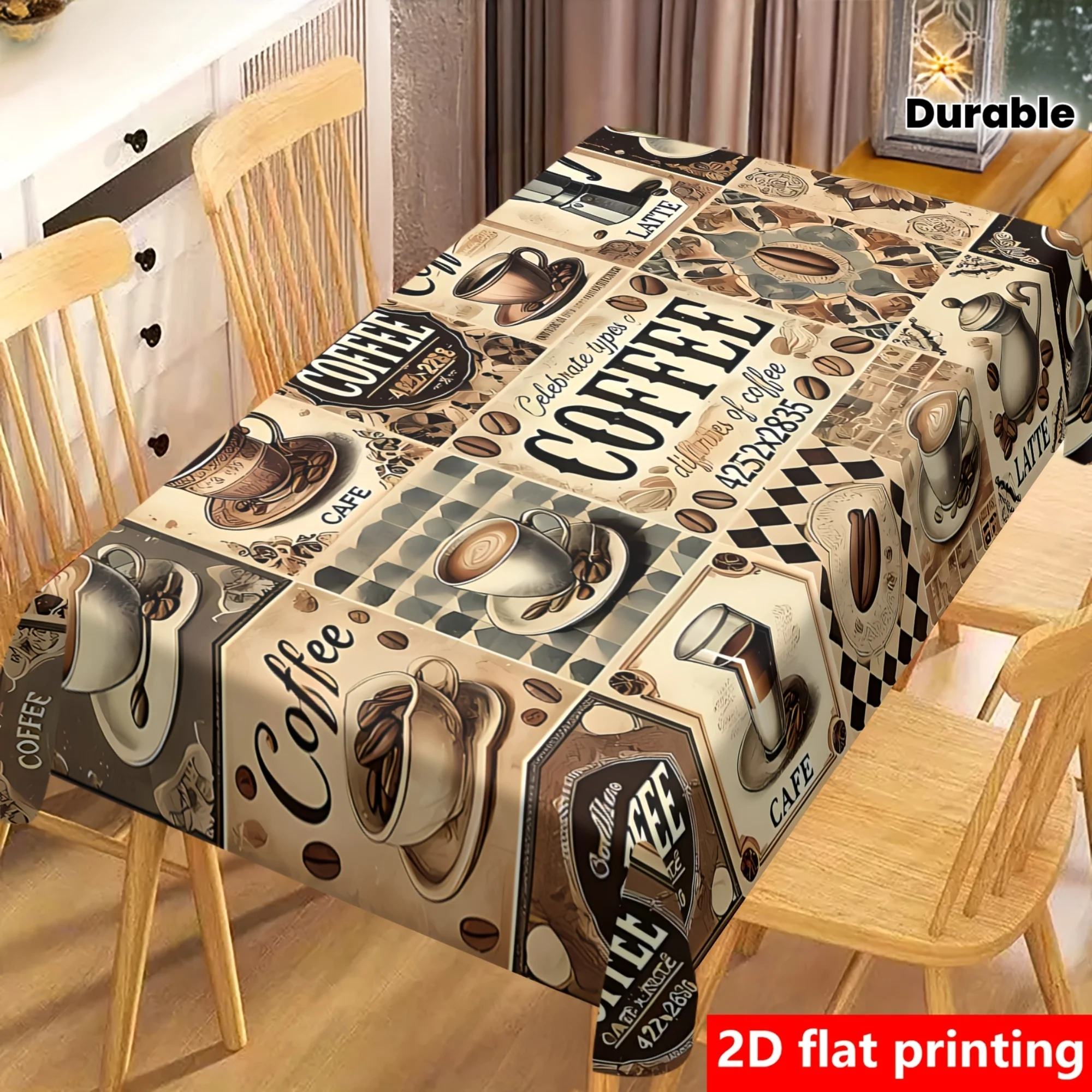 Vintage Coffee Design Table Cover Durable Polyester for Home Kitchen Restaurant Patio Indoor Outdoor Celebrations