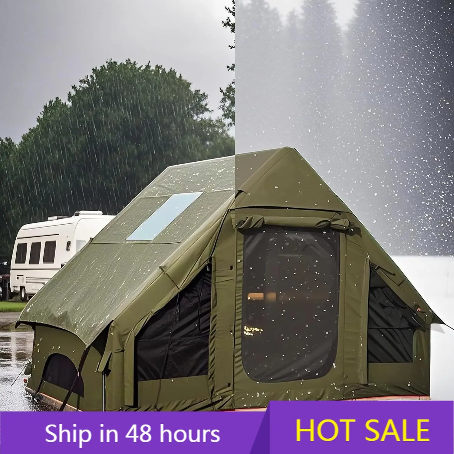 

Inflatable Camping Air Tent with Hand Pump Easy Setup Waterproof Windproof 4 Seasons Oxford Cabin Tent with Mesh Chimney Window