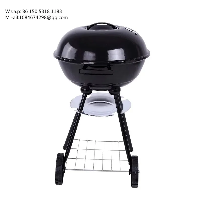 Round Ceramic Charcoal Barbecue Grill | Household BBQ Oven with Wooden Panel for Outdoor Picnic Use
