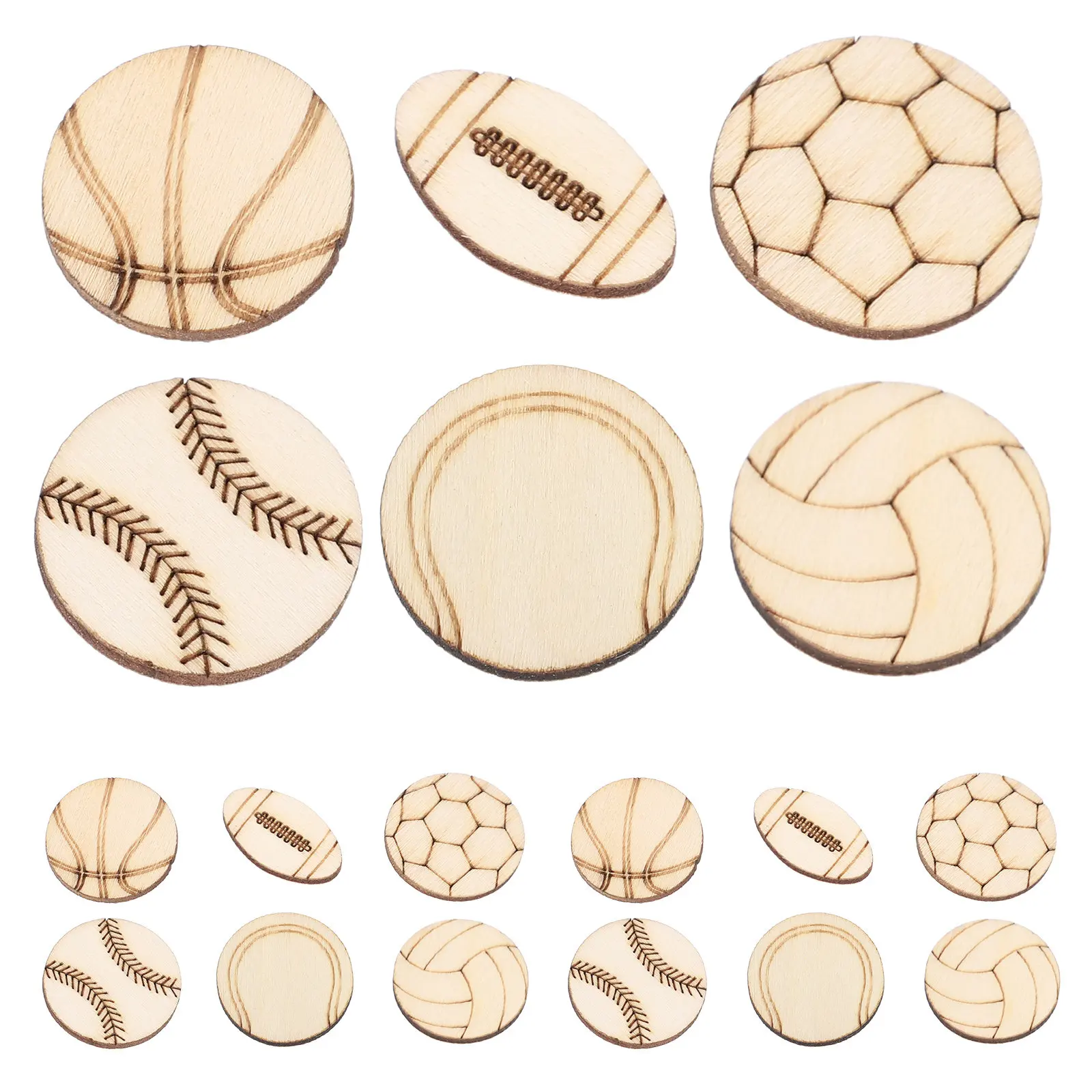 

150 шт. деревянных заготовок в форме спортивных мячей (футбол, баскетбол, бейсбол, регби, волейбол, теннис) для росписи и поделок своими руками