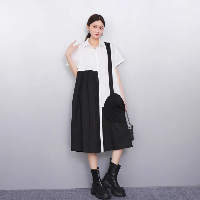 

2025 Spring Summer Fashion Elegant Contrast Color Loose Shirts Long Dresses Women Short Sleeve Dress Female Wholesale J1150
