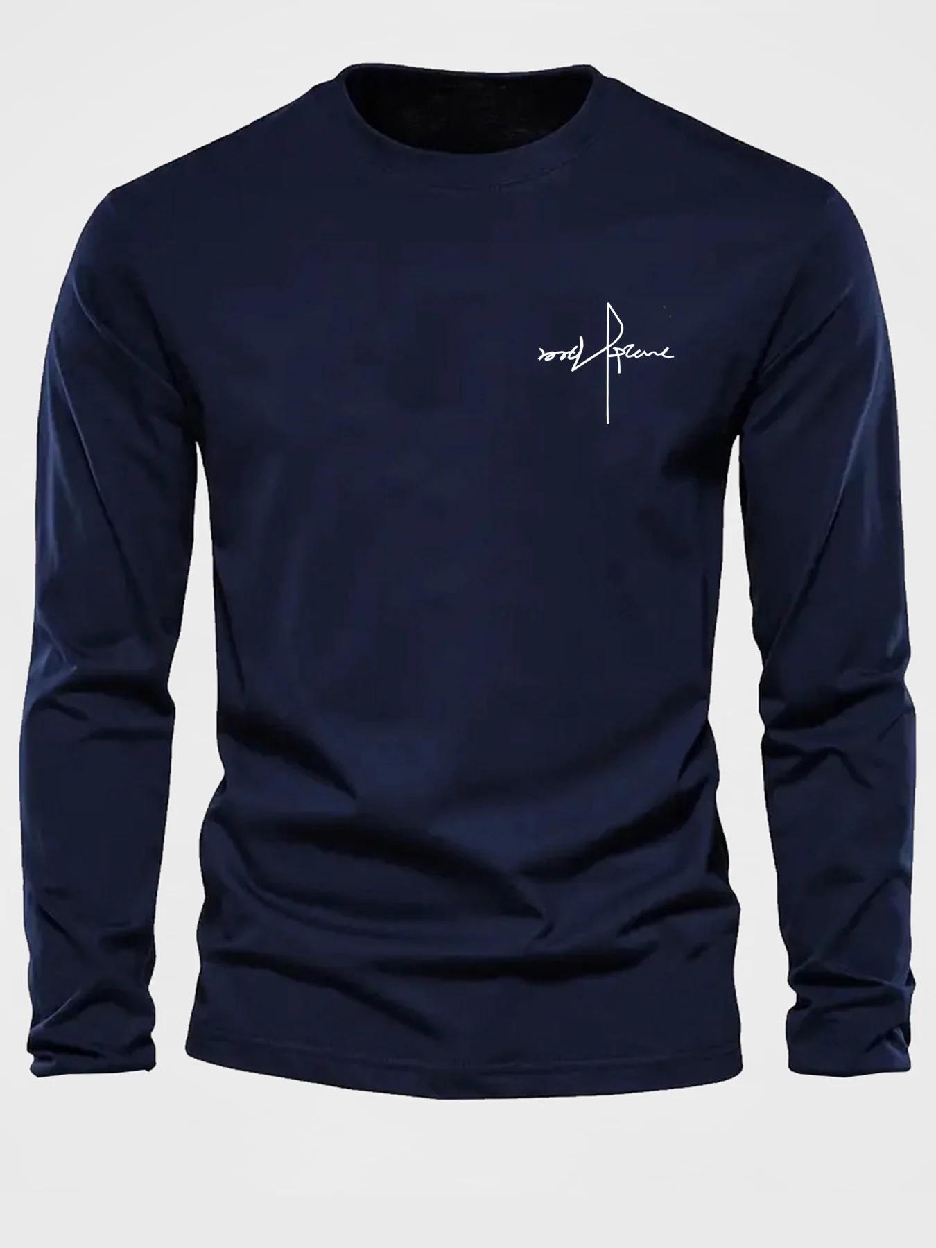100% Pure Cotton Men's Long Sleeved Round Neck Loose Casual Letter Cross Pattern Printed Spring and Autumn Versatile T-Shirt Top image 3
