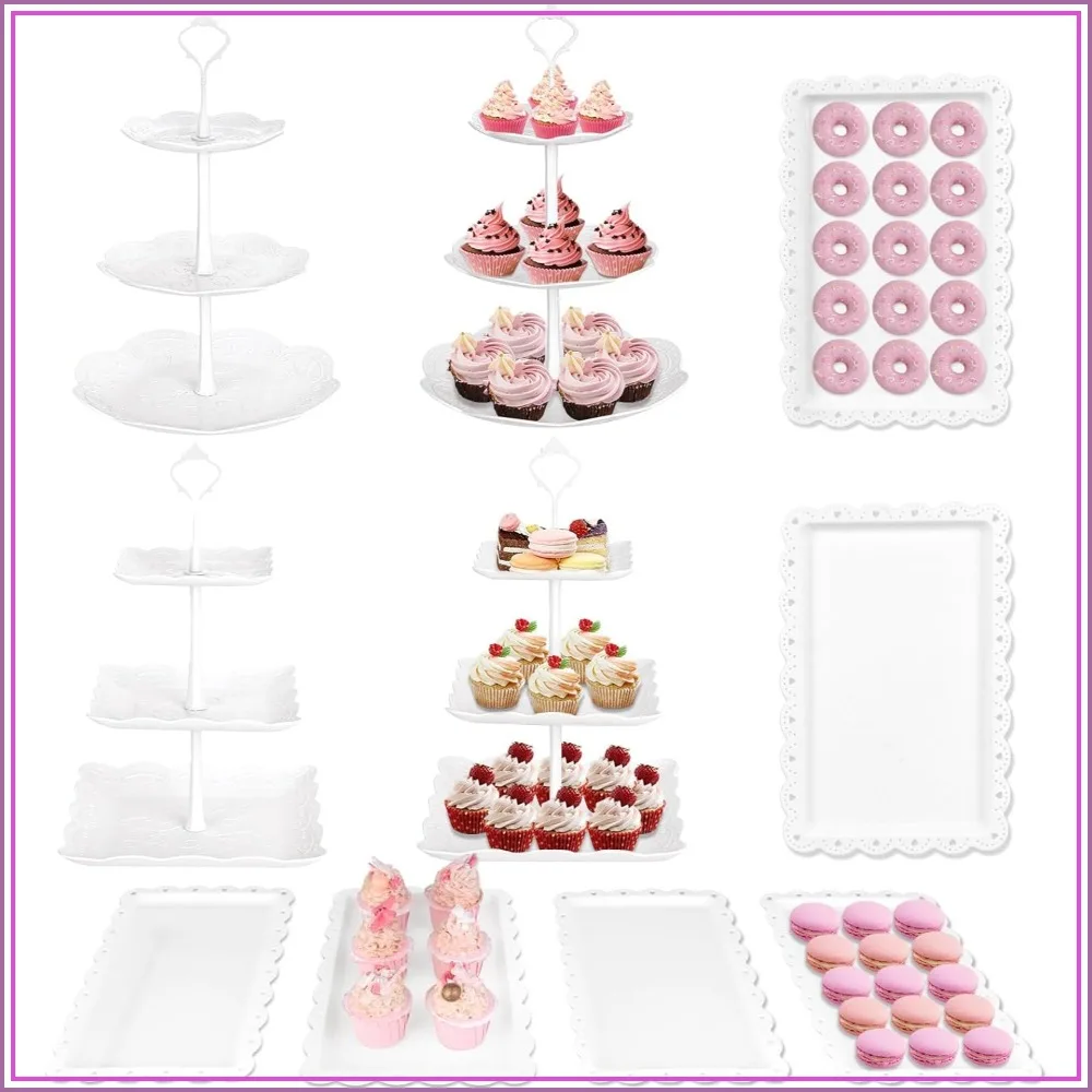 

10Pcs Cupcake Stand Set, Dessert Table Display with 4 White 3-Tier Cake Stands & 6 Plastic Trays for Party, Wedding, Baby Shower Decorations