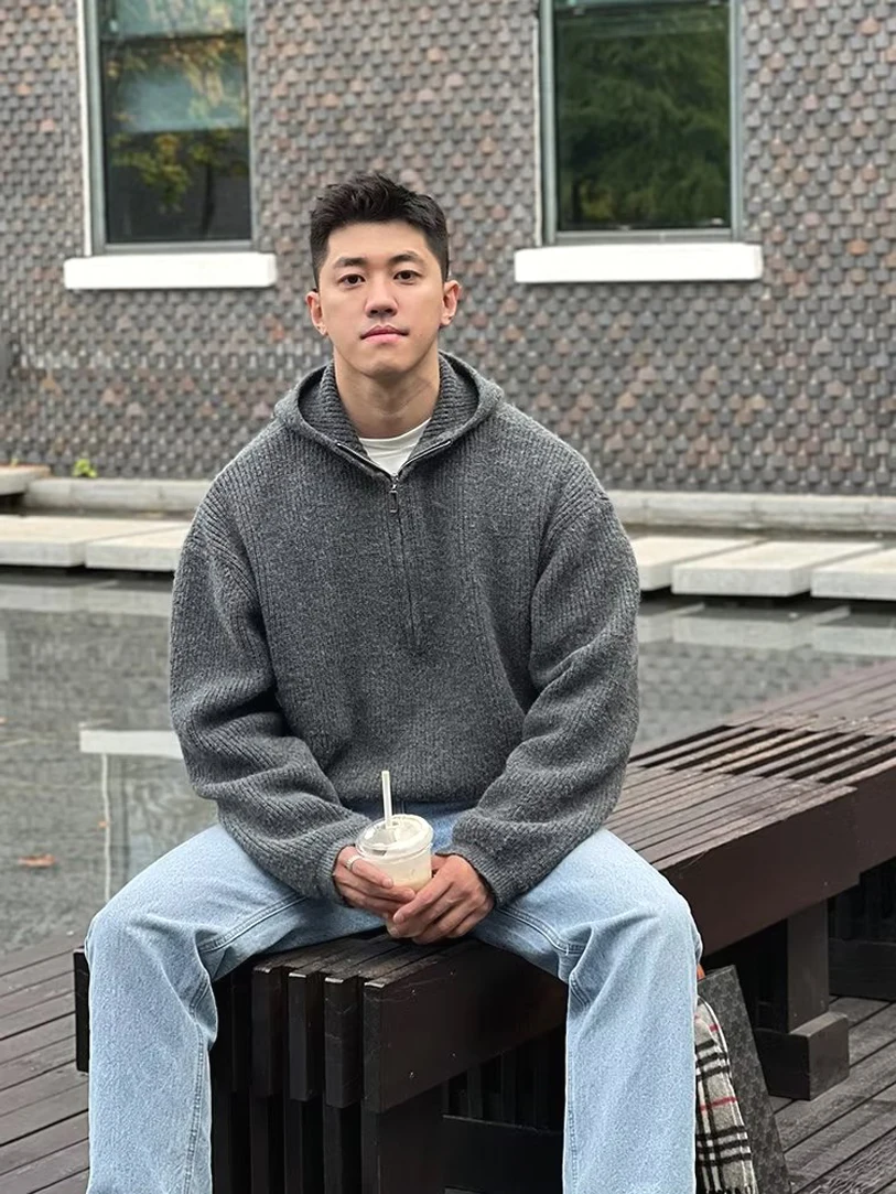 

American Sle Hard Man f Zip Knitted Muscle Man Loose Hooded Woolen Sweater Outerwear Premium Feeling Youth Casual Wear