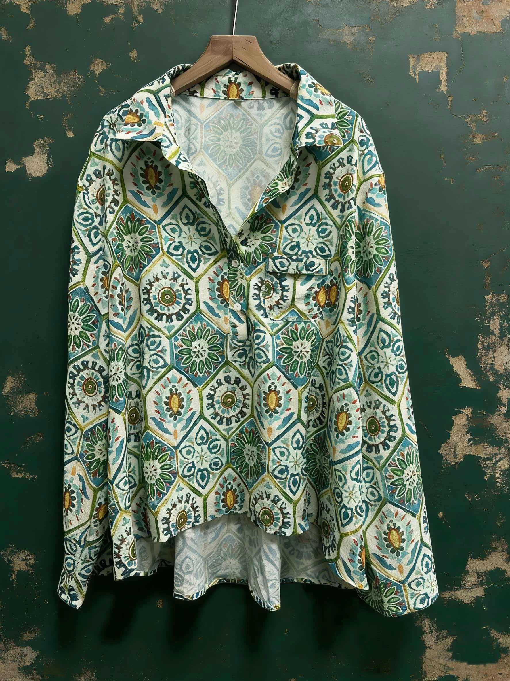 

Plus-Size Vintage Loose-Fitting Long-Sleeved Printed Shirt, Suitable for Vacation, Parties, and Everyday Wear