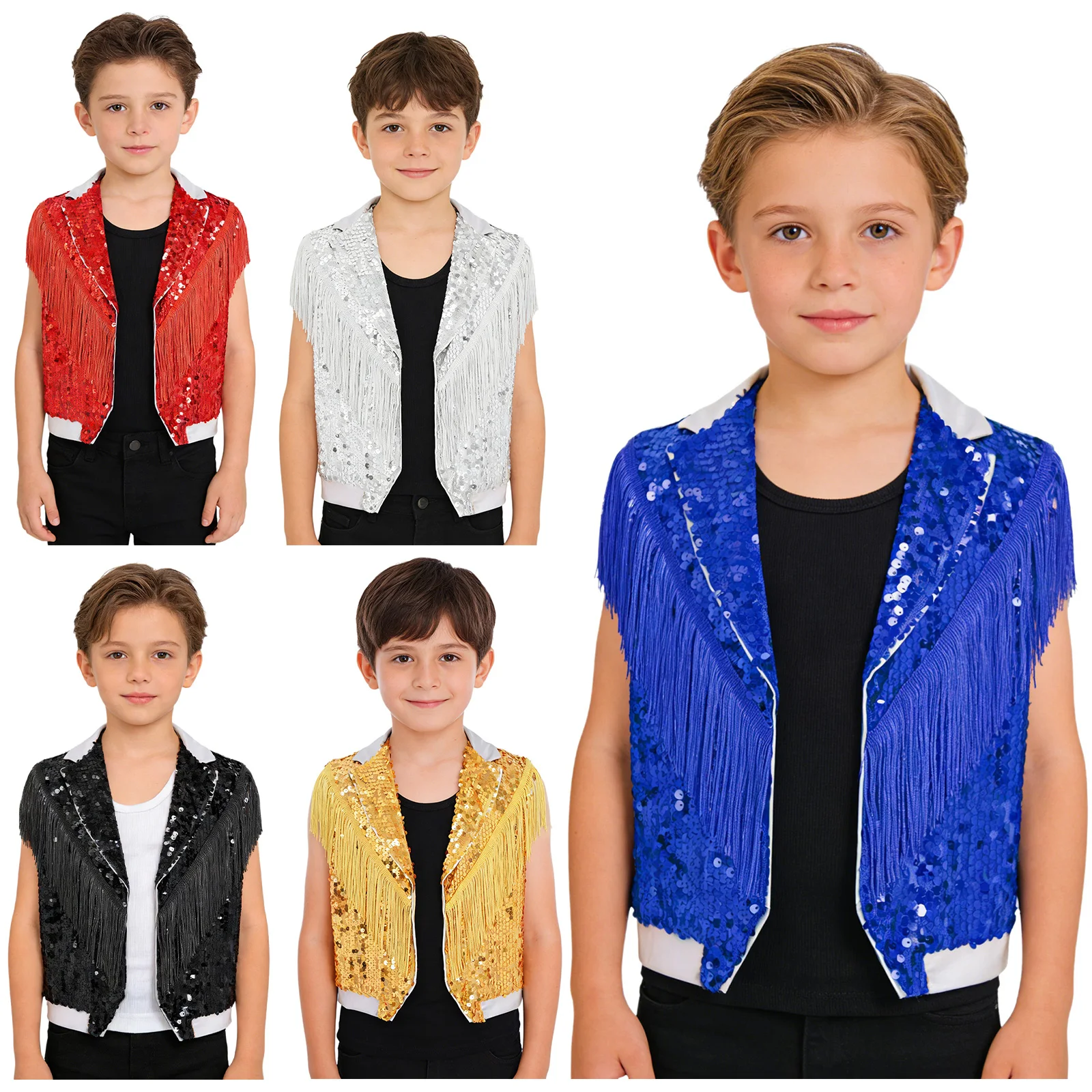 Kids Boys Metallic Disco Jazz Hip Hop Dance Performance Costume Tassel Shiny Sequins Vest Lapel Collar Sleeveless Waistcoat Tops