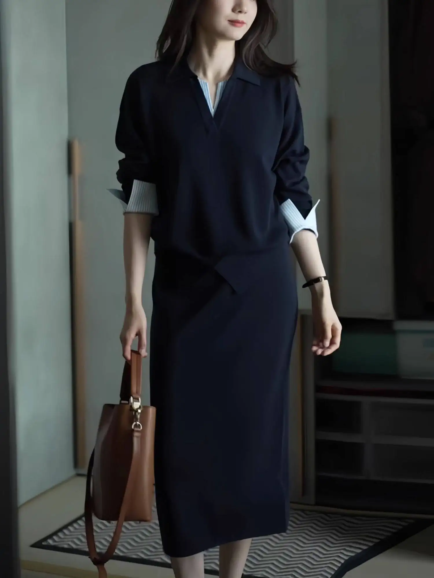 

Slimming Fashion Workwear Two-Piece Set Spring Commute Stylish Top High Waist Midi Skirt Comfortable Long Sleeve Business Casual