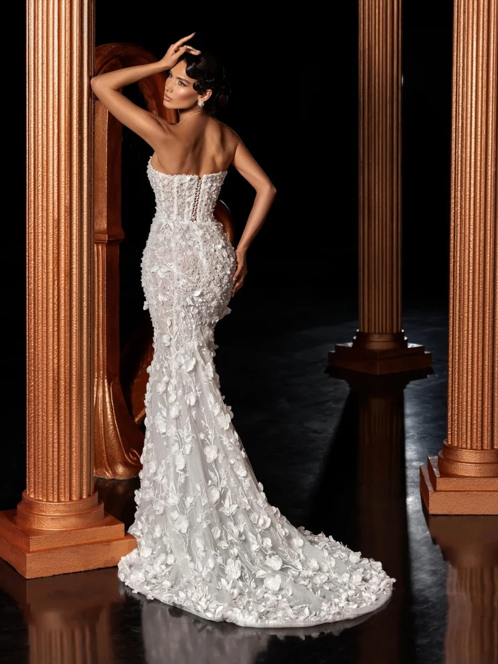 فستان زفاف مصنوع يدويًا ثلاثي الأبعاد مزين بالزهور مع أكمام كيب لؤلؤ رائع حورية البحر فستان زفاف مخصص للعروس #4