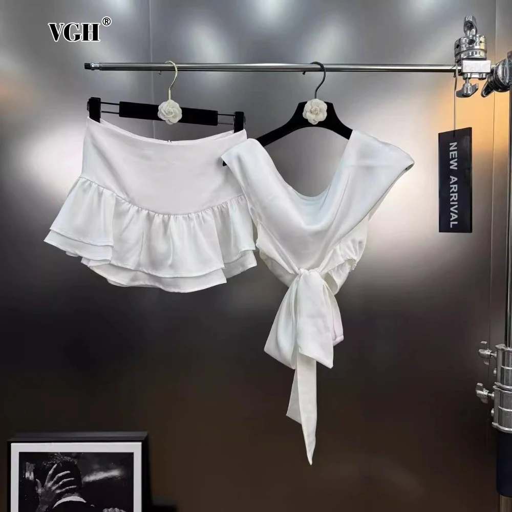 

VGH French Retro Two Piece Set for Women Diagonal Collar Short Sleeve Slimming Top High Waist Tutu Skirt Temperament Suit Female