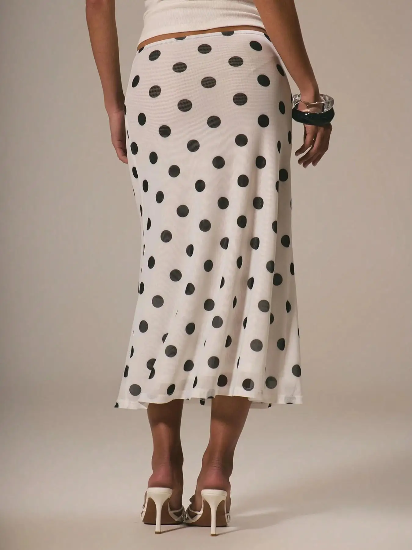 Women's Polka Dot See through Mesh Midi Skirt Full Lining Design Low Waist Cut Flared Hemline Single Piece Gauze Skirt