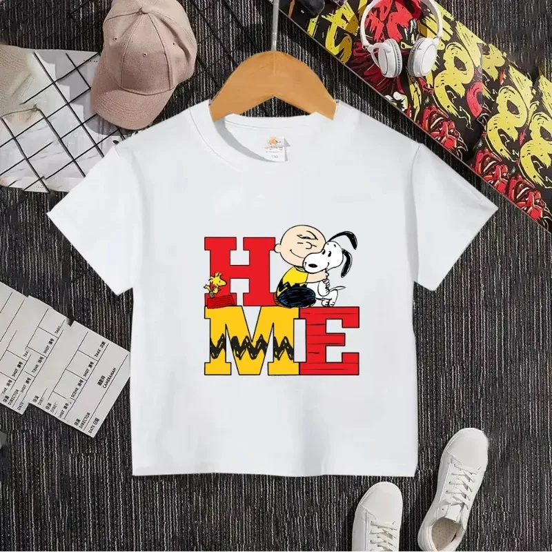 

Snoopy 2025 летняя новая модная мужская и женская футболка из чистого хлопка с героями мультфильмов аниме, детская одежда, топ
