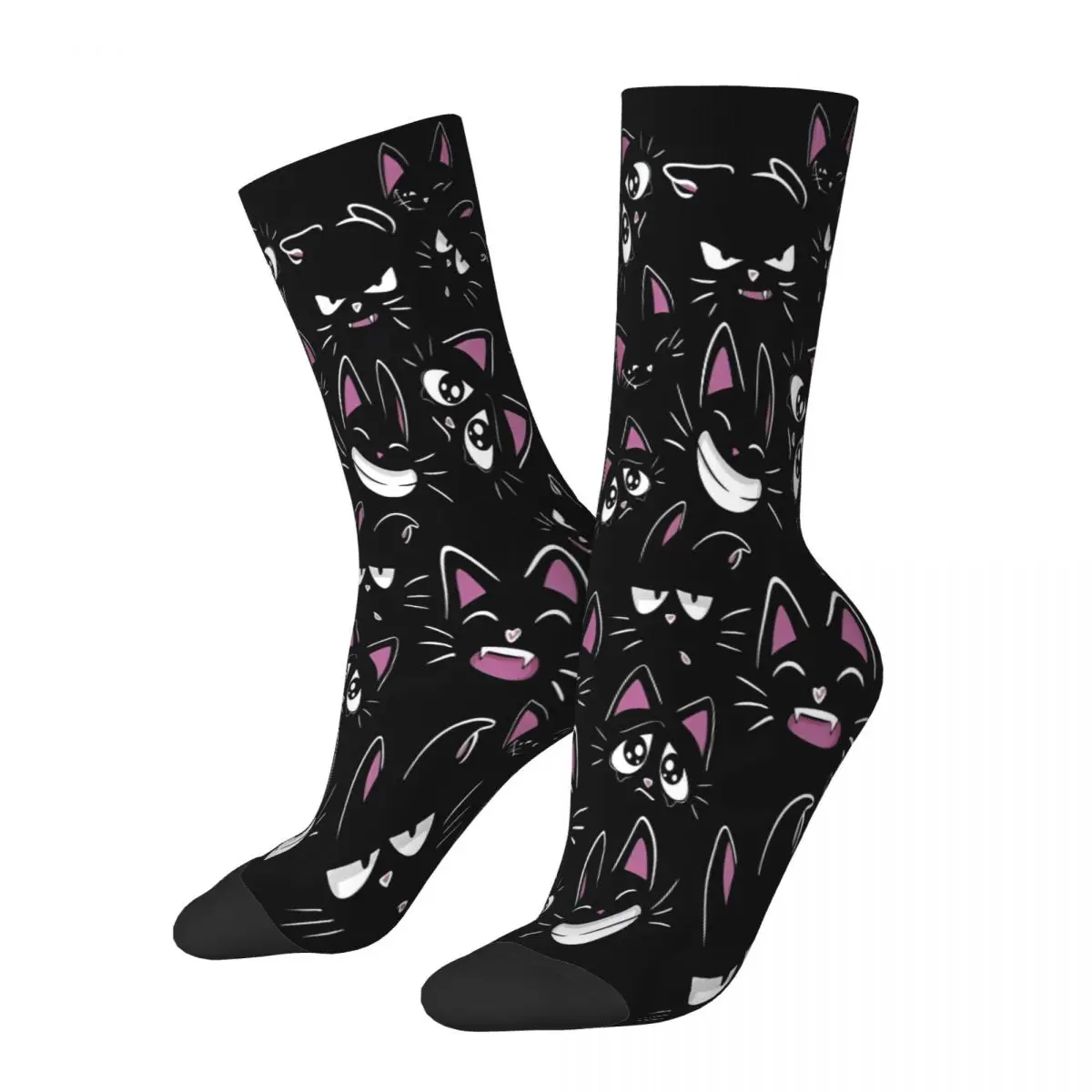 Retro Funny Black Cat Collage Basketball Socks Polyester Crew Socks for Women Men Sweat Absorbing