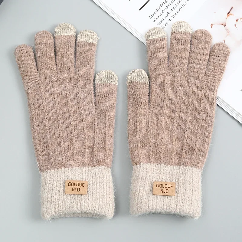 Теплые вязаные перчатки с полным пальцем, перчатки с сенсорным экраном, плюшевые толстые мягкие перчатки для верховой езды, теплые нескользящие осенне-зимние перчатки