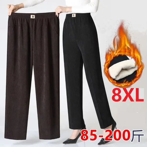 Pantalones elásticos de pana de cintura alta para mujer, pantalón holgado informal de lana, cálido y recto, 7XL8XL, Otoño e Invierno