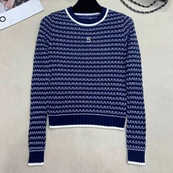 2024 Early Autumn New Striped Slim Fit Pullover Women Knitted Sweater Fashion Solid O-neck Letter Diamonds Top Knitwear