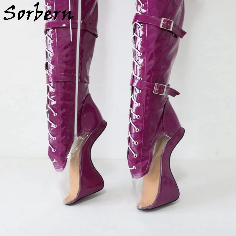 Sorbern stivali in PVC trasparente viola lucido balletto tacchi alti Sexy Fetish Heelless stivali sopra il ginocchio scarpe Crosss Unisex