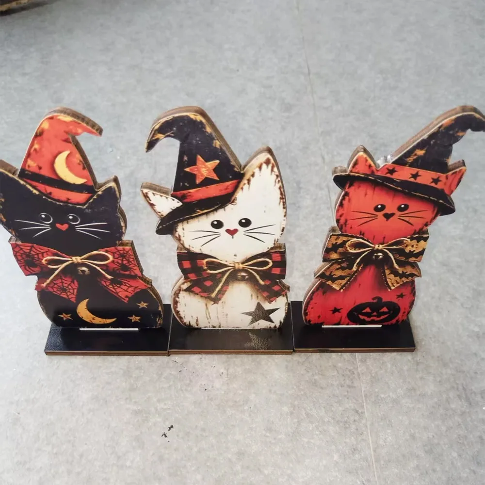 3Pcs Thickened 2D Flat Wooden Halloween Witch Cat Set Retro Plaid Bows Witch Hat Cat Table Ornament Stable Base Moon Star