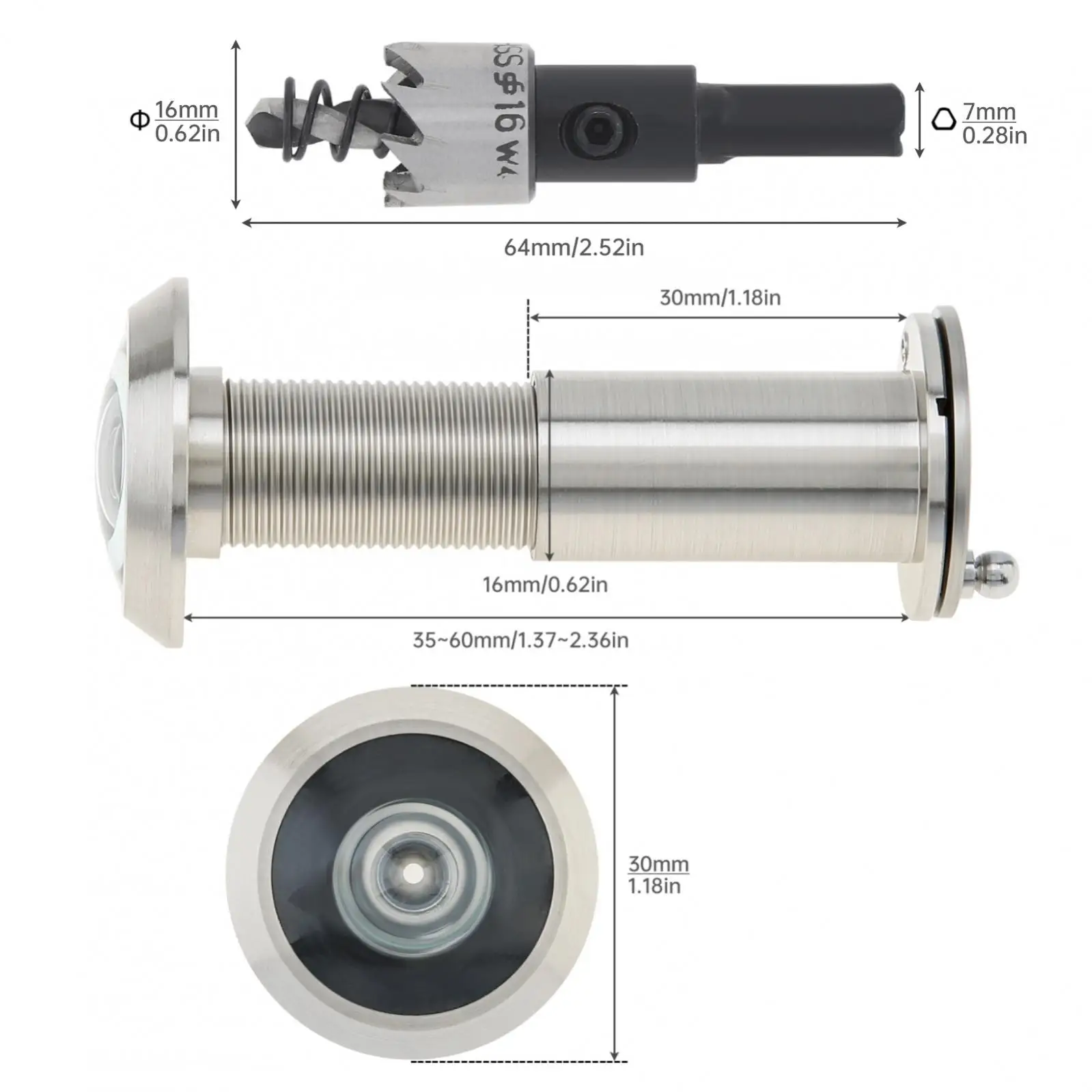 Solid Brass 16mm/0.63inch Door Viewer Peephole Drill Bit Set for 1.33-2.3inch Door Thickness Home with Rotating Privacy Cover