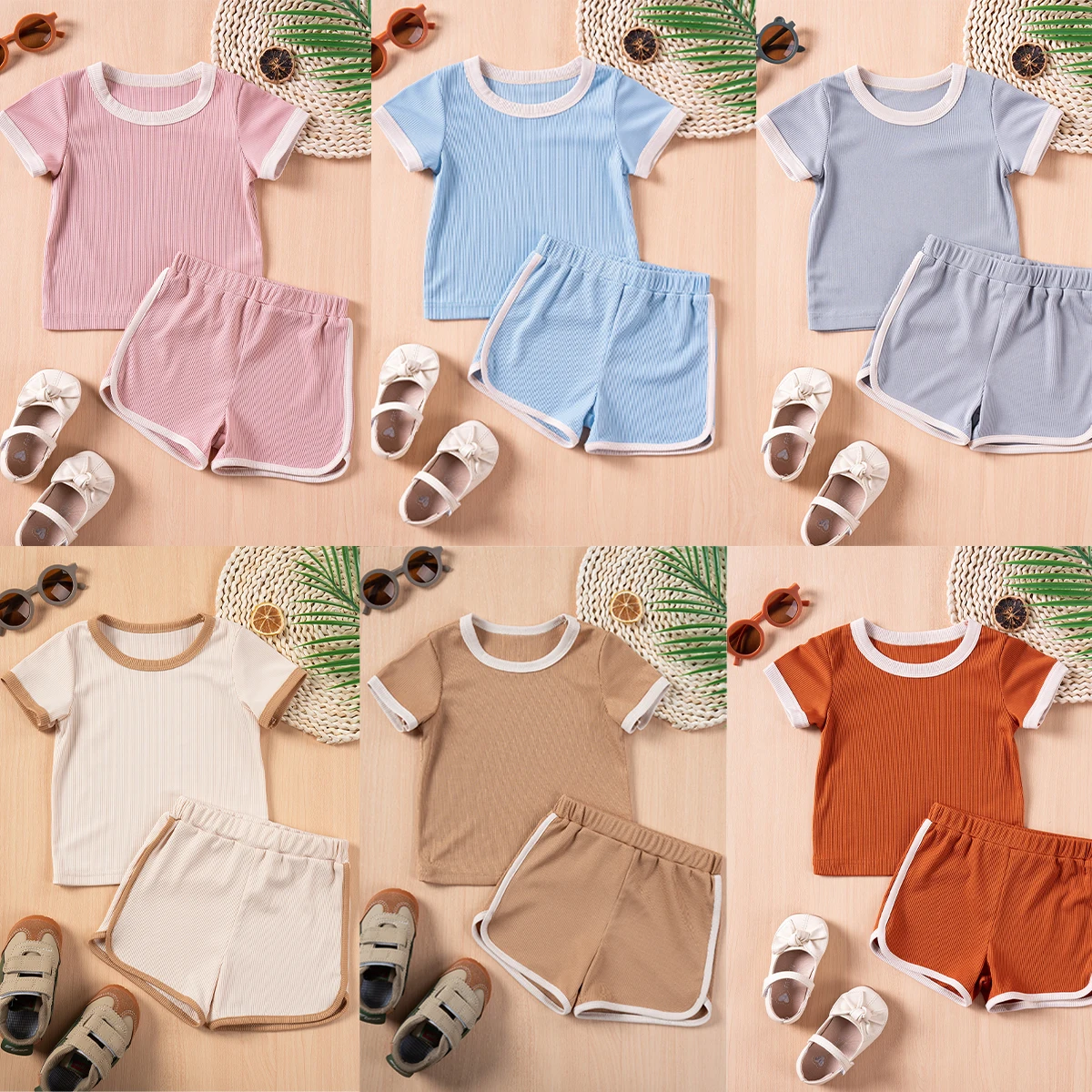 Boys & Girls Summer Short Sleeve Suit New Children's Color-Collision Short Sleeve Shorts Two-piece Casual Comfortable Suit