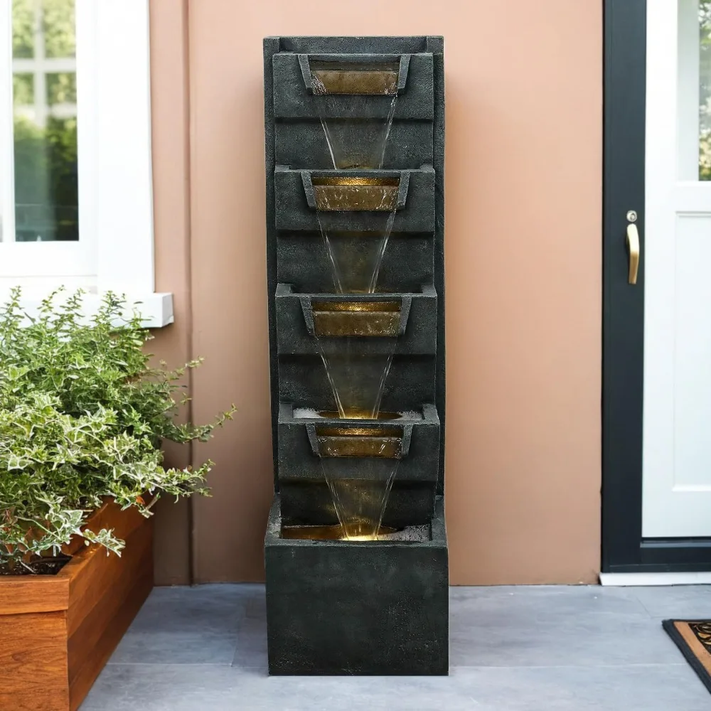 39.3" H Modern Water Fountain 5-Tier Outdoor Garden - Water Fountain w/LED Lights Cascading Waterfall Features for Home Garden B