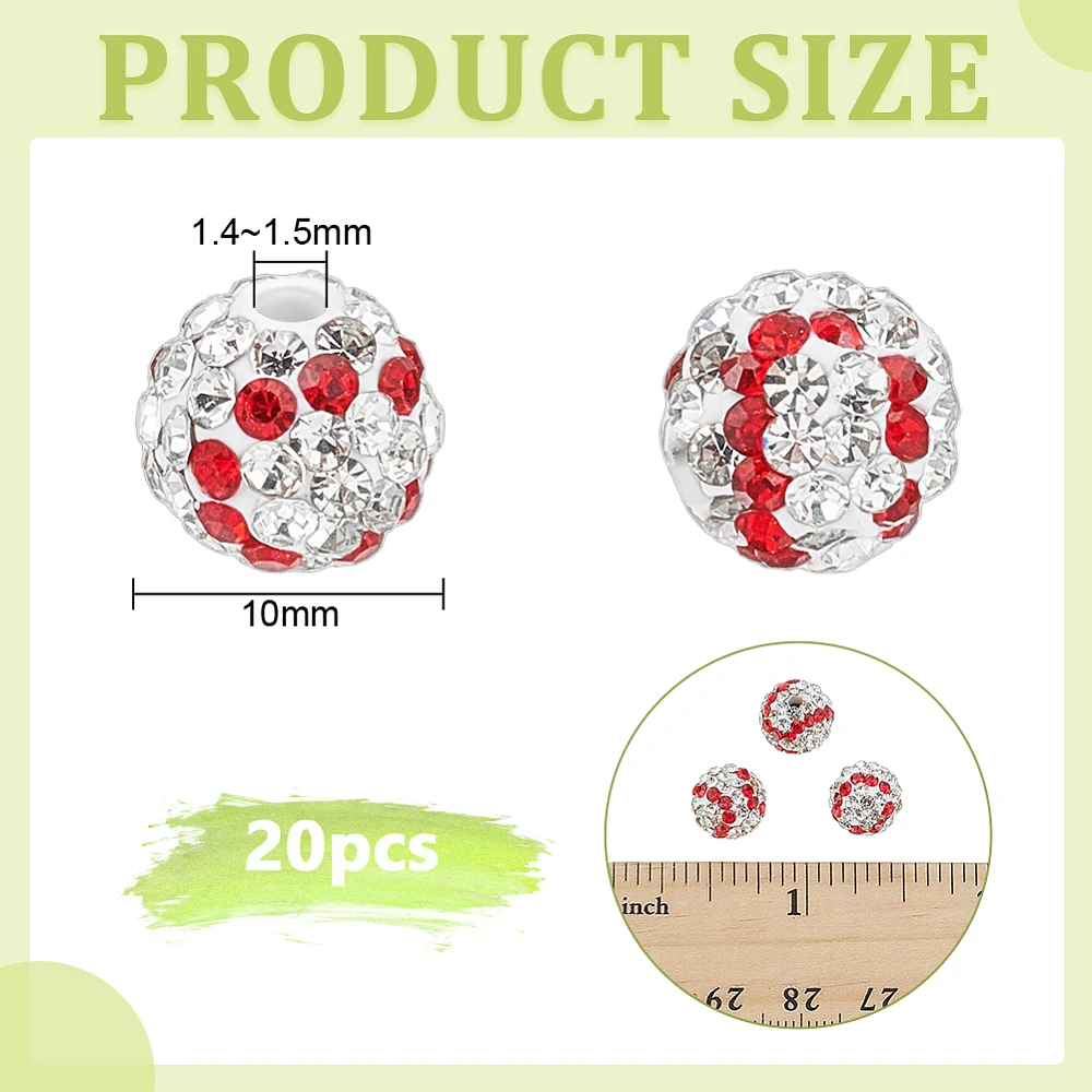 20Pcs 10mm Rhinestone Clay Beads Baseball Rhinestone Beads Sparkly Pave Bead Disco Ball Clay Bead for Jewelry Making
