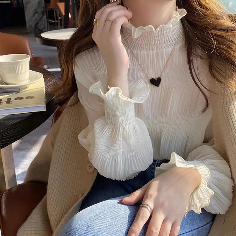 Lace Base Shirt Women's Inner Wear Half High Collar Autumn Winter Fleece High End Feel Outerwear Ruffle Collar Chiffon Top