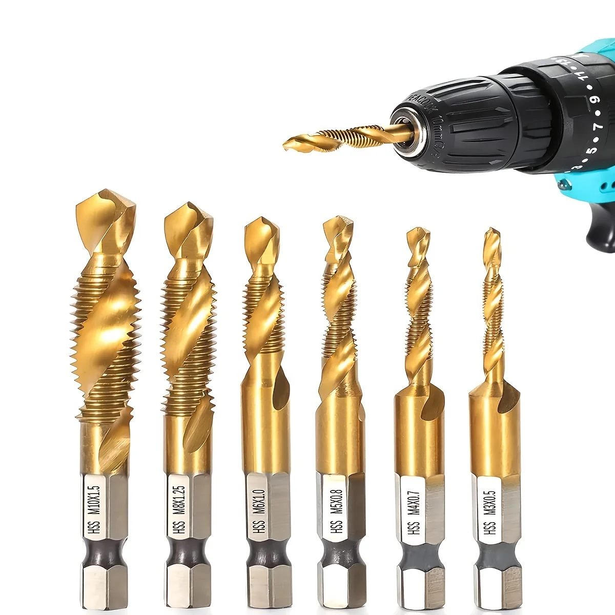 Titanium Combination Tap Drill Bit Metric Screw Tapping 6PC Hex Shank Drill Bits for Drilling for Light Metal Aluminum Board Iro