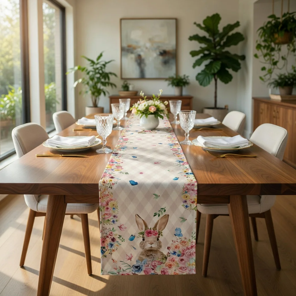 Easter Bunny Buffalo Plaid Table Runner, Cute Floral Print, Perfect Spring Decor for Easter Celebration & Home Dining