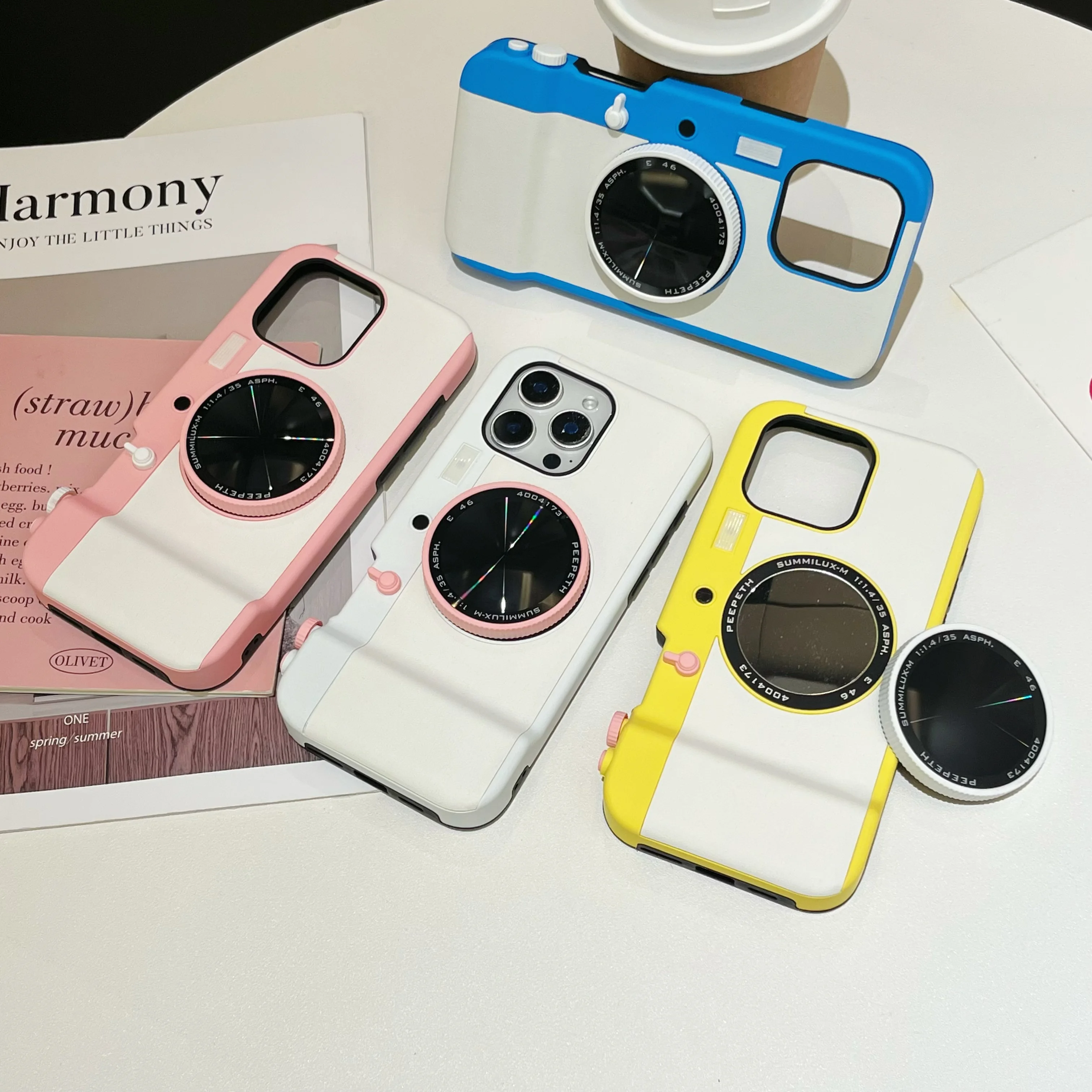 Capa de Telefone com Câmera Bluetooth Multifuncional Magnética Retrô para iPhone 16 15 14 12 13 11 Pro Max com Espelho Cosmético e Proteção Contra Impactos.