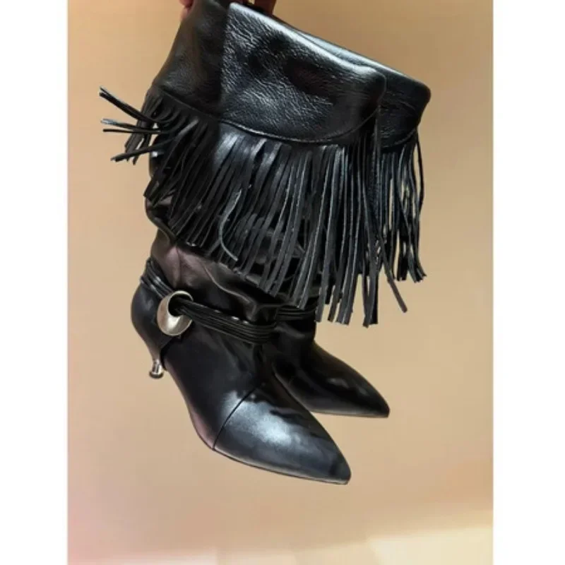 2025 Women's New Suede Metal High-heeled Pleated Tassel Pointed Sleeve Boots European and American Banquet and Runway Boots