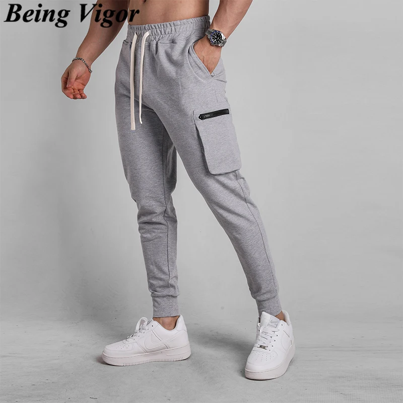 

Being Vigor Cotton Sweat Pants Fitted Leisure Joggers Pocketed Cargo Pants Elastic Waisted Sport Pants Long Trousers pantalone
