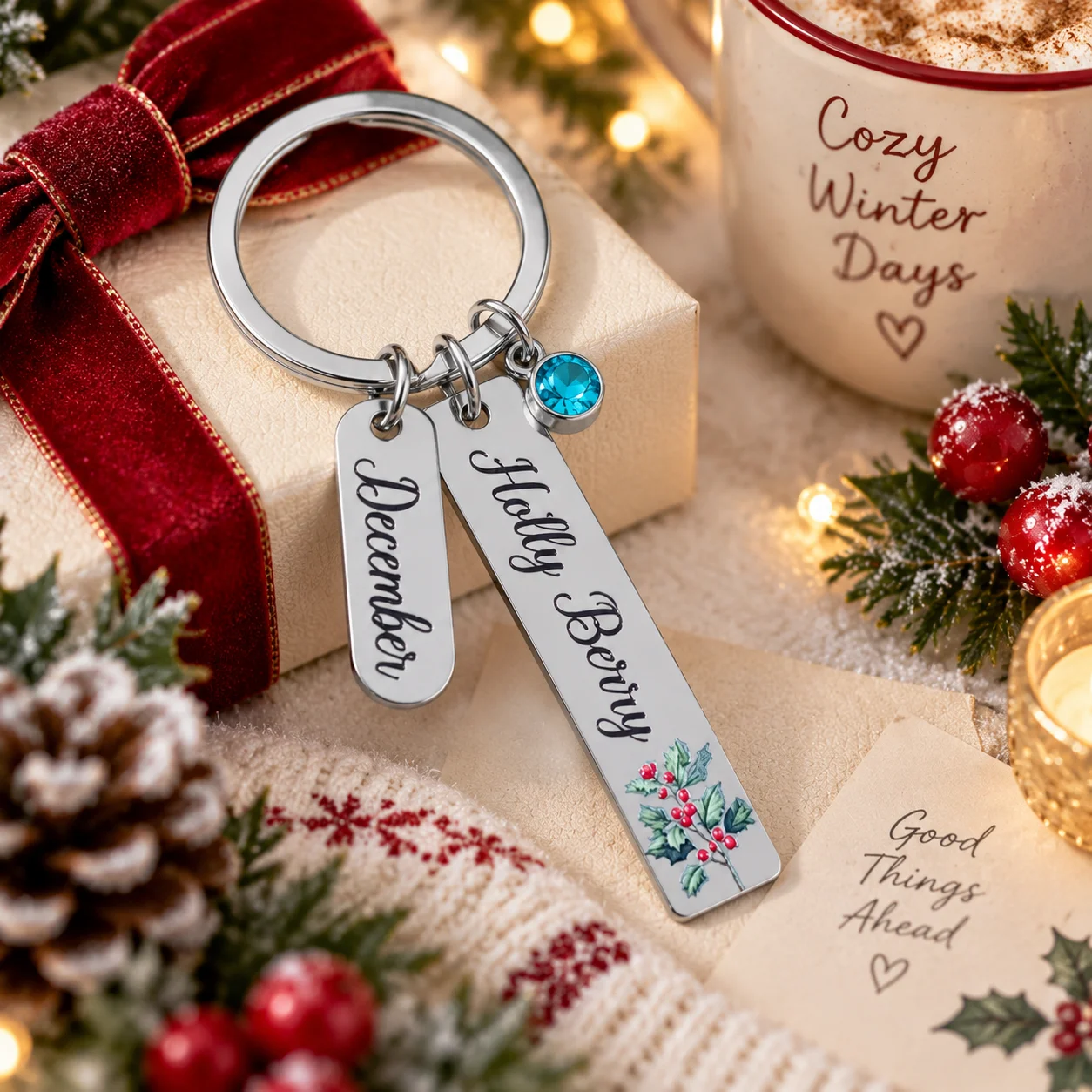 Christmas Stainless Steel Keychain Holly Berry Bag Charm Crystal Pendant for Purse Backpack Holiday Gift