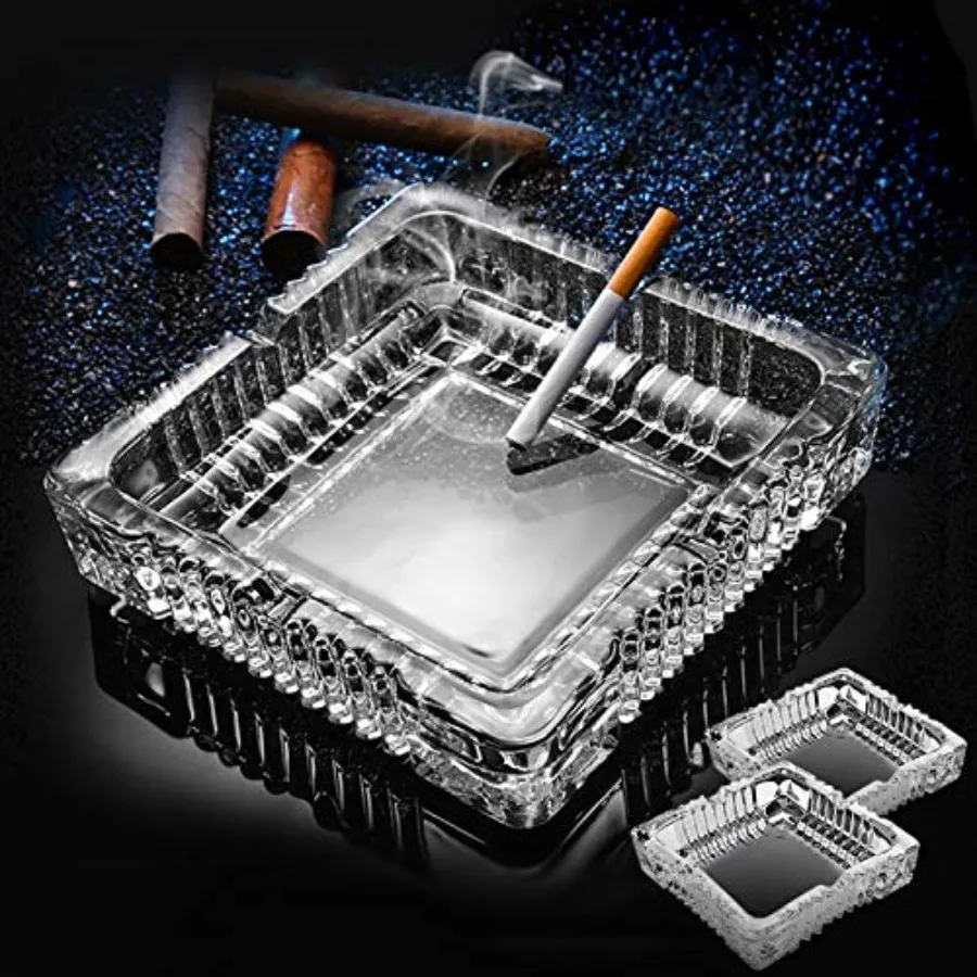 

Ashtray 2 Pack, Large Glass Ashtray for cigarette cigar, Clear Crystal Ash trays Outdoor Glass Spuare Ashtrays 7x7 inch for Hom