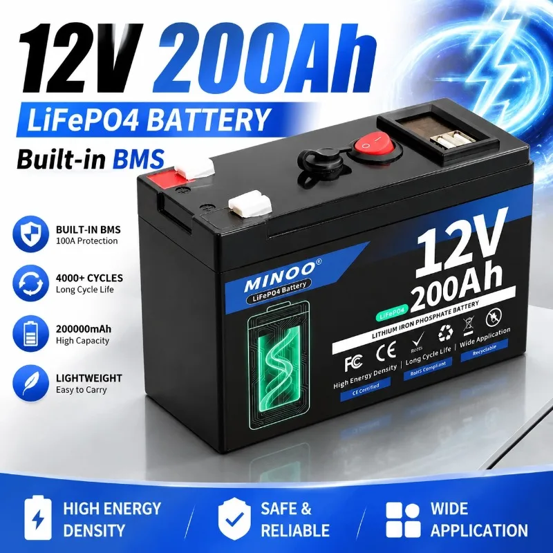 12V 200Ah LiFePO4 Solar Battery Deep Cycle Rechargeable Built-in BMS Lithium 200000mAh for Power Wheels Scooters Fish Finder
