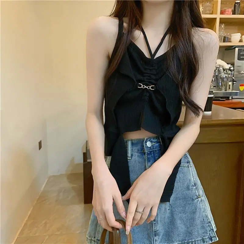 Summer Sweet Women Vest Korean Lace Up Off Shoulder Female Casual Knitting Strap Tops Ruffles Tunic Sleeveless Sexy Crop Tops