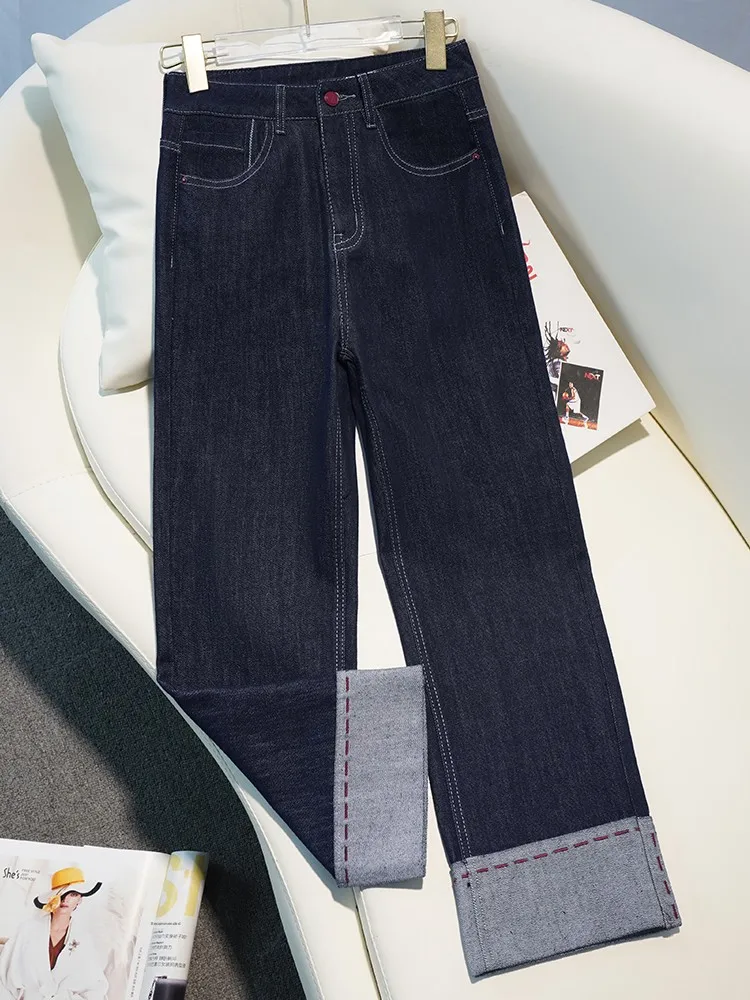 

Джинсы женские с высокой талией, прямые, из денима, весна-осень, новый фасон, утягивающие, французский стиль, укороченные, маленькие размеры, длина 7/8