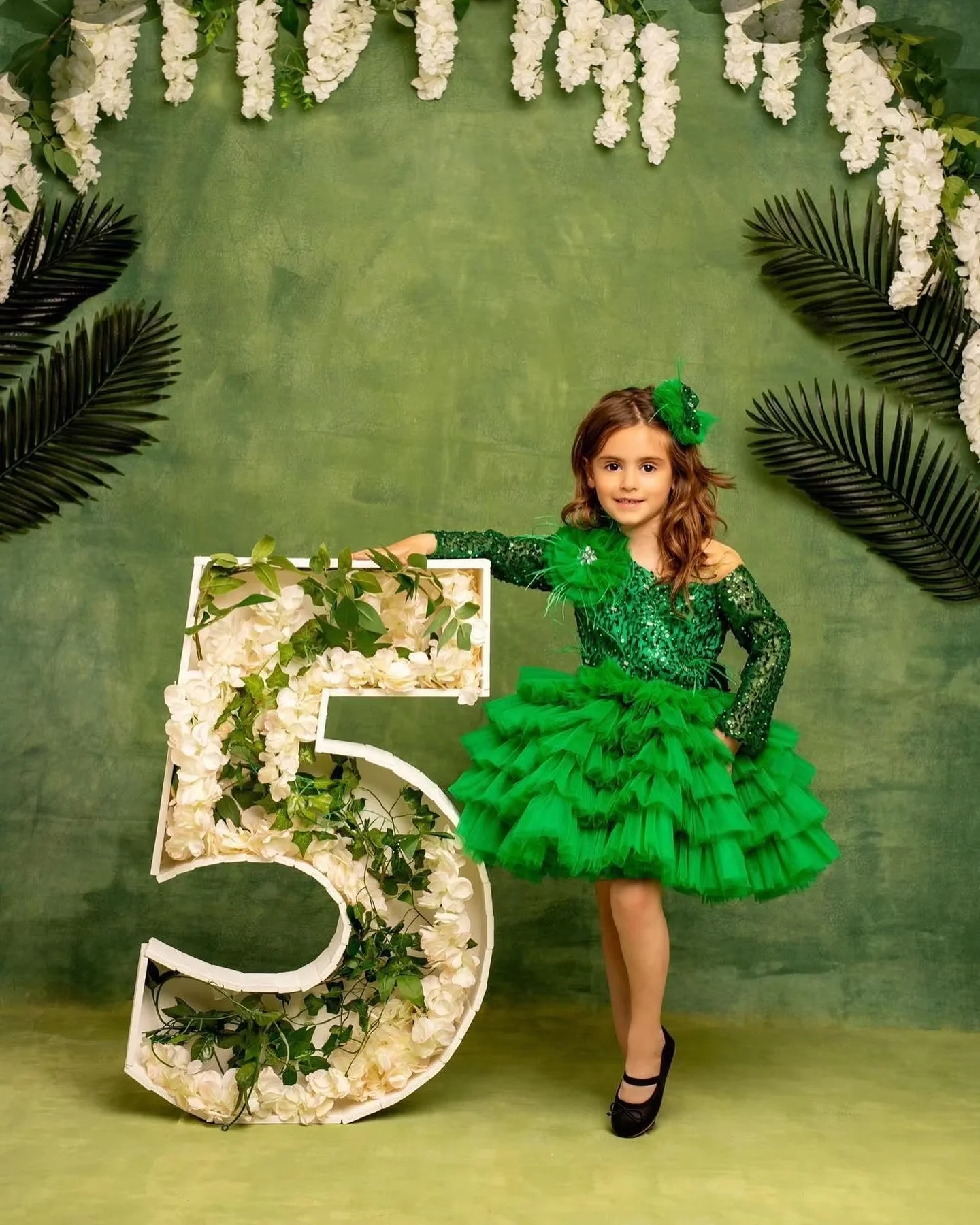 

Green Flower Girl Dresses For Wedding Sequins Layered Baby Kids Birthday Ball Gown For Photoshoot First Communion Gowns