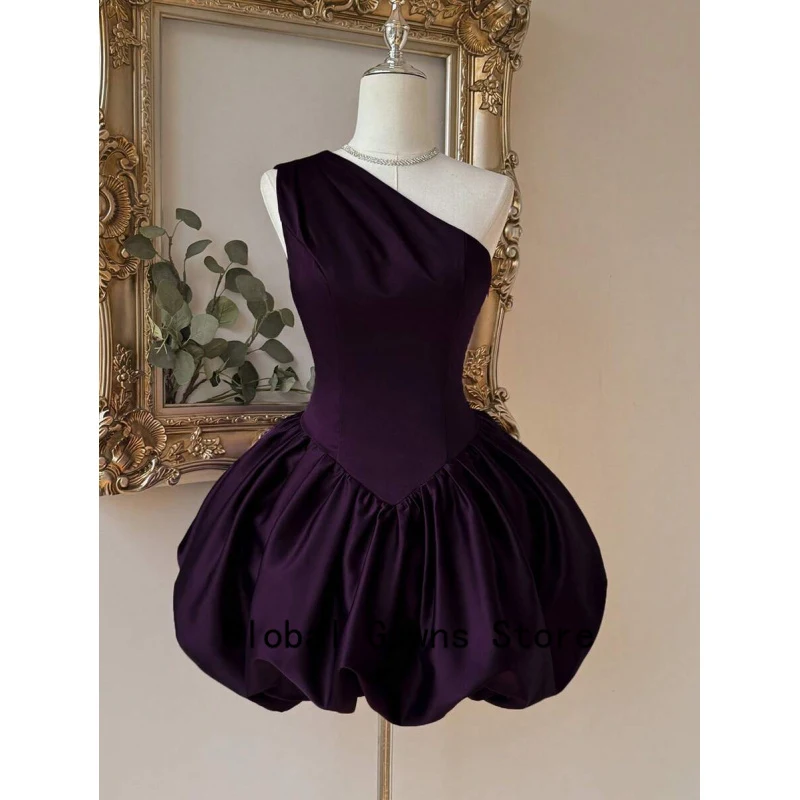Customized Purple One Shoulder Short Bridesmaid Dresses Puffy A Line Sleeveless Purple Satin Mini Wedding Party Dress For Women