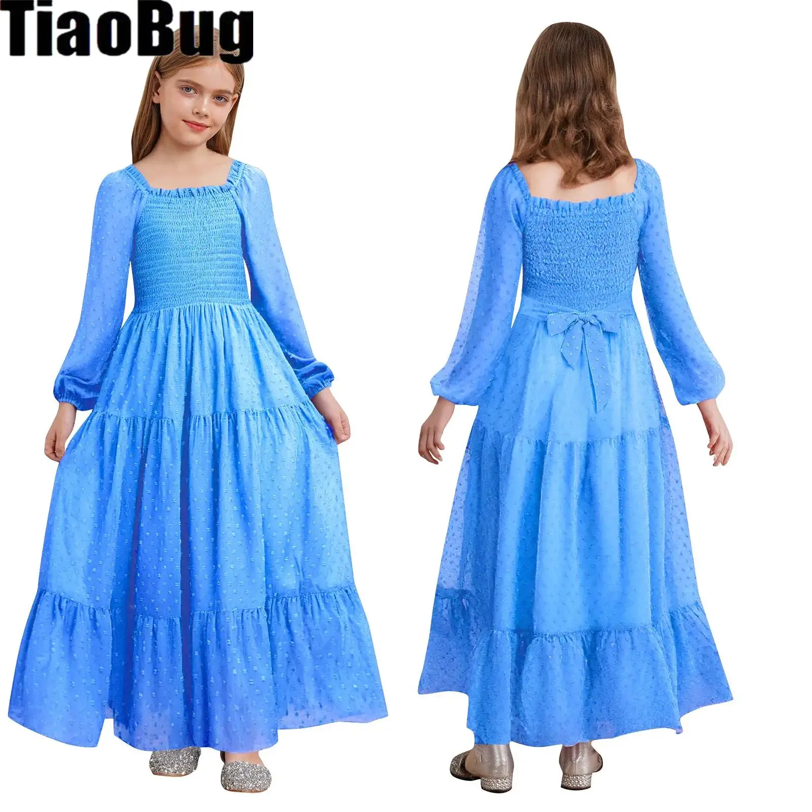 Vestido de gasa para niñas con dobladillo escalonado, cuello cuadrado con volantes, manga larga, vestidos con cinturón ahumado para vacaciones en la playa, fiesta de cumpleaños