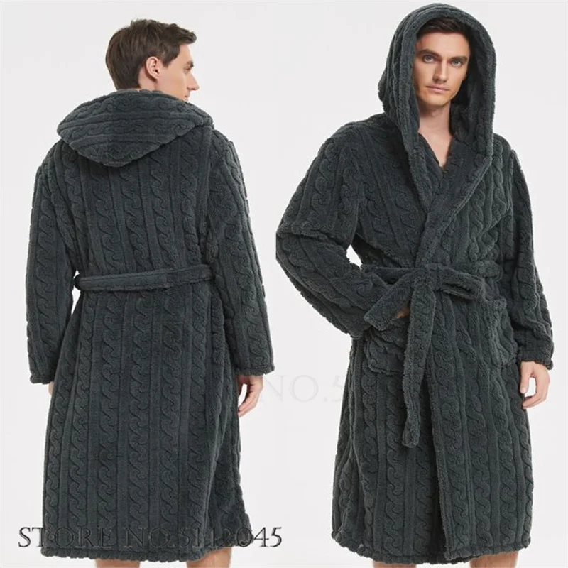 Thicken Jacquard Flannel Men Robe Winter Warm Sleepwear Lounge Wear Plush Coral Fleece Hooded Bathrobe Gown Home Wear Nightwear