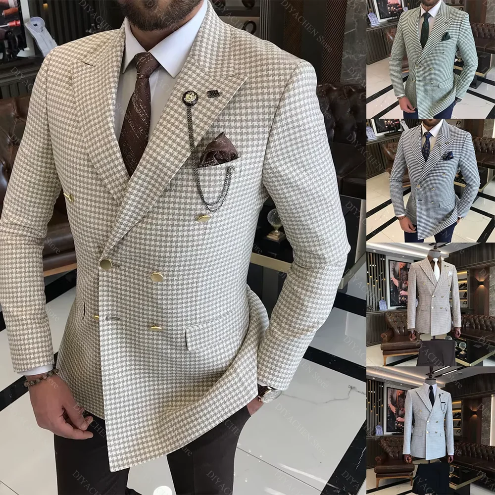 Chic Houndstooth Men Suits 2 Piece Fashion Jacquard Blazer with Solid Color Pants High-end Peak Lapel Double Breasted Male Suit