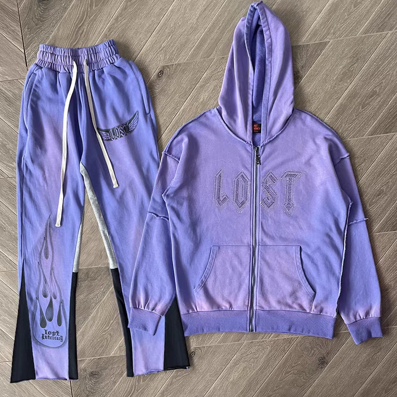 

New Lost Intricacy Lavender Zip Up Hoodie Stick Drill Oversize Casual Men Women Vintage Washed Lost Intricacy Zip Up Sweatshirts