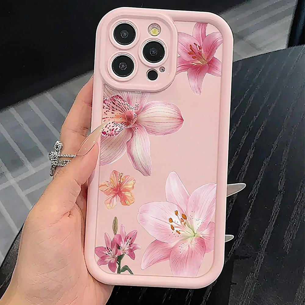 Minimalist Pink Lily Flower Pattern Shockproof TPU Phone Case For iPhone 18 17 16 15 14 13 12 11 Pro Max XS X XR 7 8 Plus Cover
