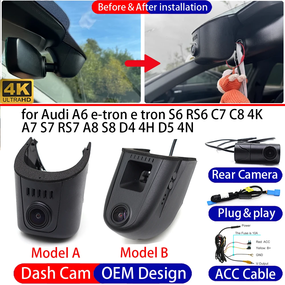 Cámara para salpicadero para Audi A6 e-tron e tron S6 RS6 C7 C8 4K A7 S7 RS7 A8 S8 D4 4H D5, grabadora de conducción DVR 4K delantera y trasera