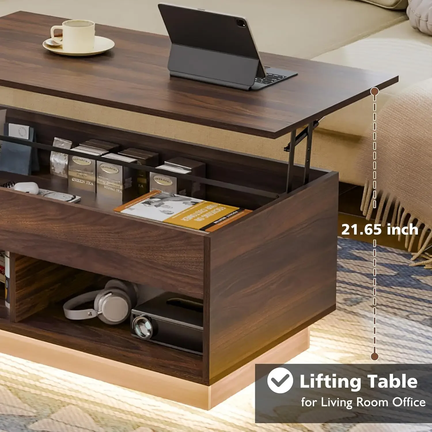 Modern Lift Top Coffee Table with Storage for Living Room LED Coffee Table Wodden Lift Tabletop Dining Table, Walnut