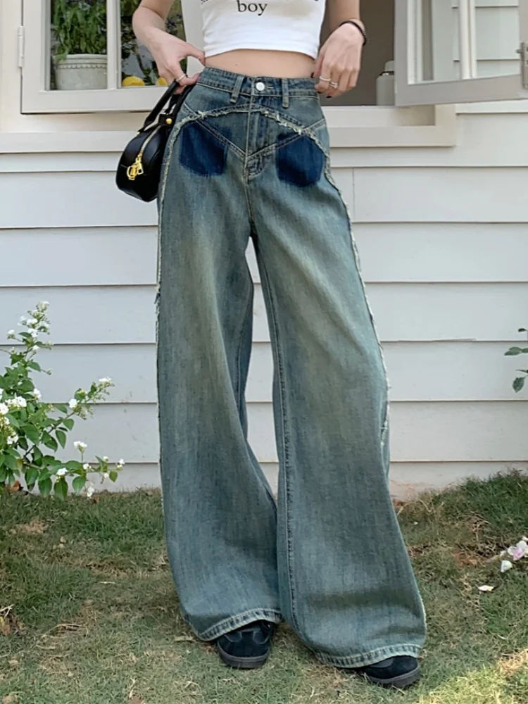 

New Summer retro light colored straight leg jeans for women loose hanging small height high waist wide leg floor length pants