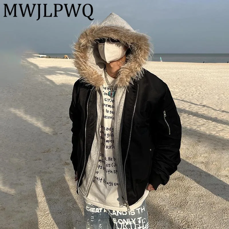 

MWJLPWQ Американский стиль Искусственный двухсекционный меховой воротник с капюшоном для мужчин и женщин Теплое утолщенное повседневное мужское зимнее хлопковое пальто 12514