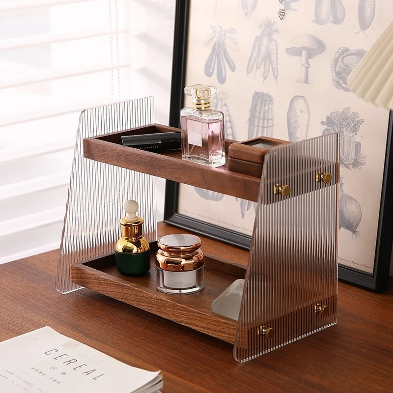 

Black walnut solid wood double-layer storage rack, retro aesthetic display stand